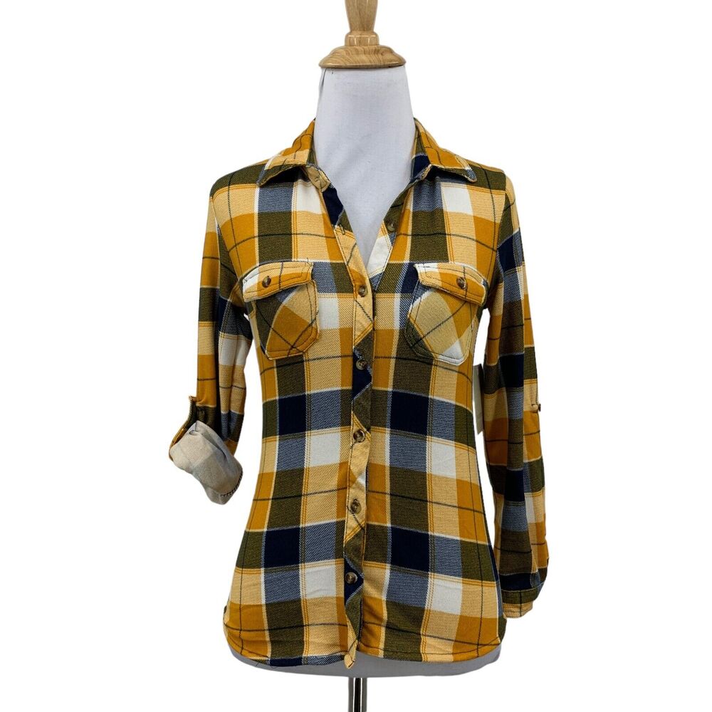Passport Flannel Shirt Girls Youth 7 Mustard Yellow Plaid Tab Sleeves Button Up
